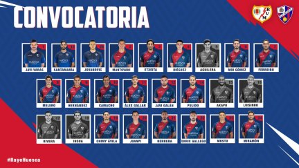 Convocatoria del Huesca para el duelo ante el Rayo Vallecano de este sábado.