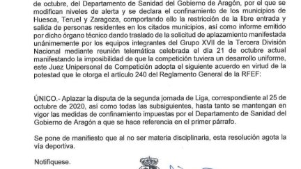 Escrito de la Federación Aragonesa de Fútbol