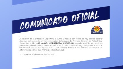 Comunicado del Sala Zaragoza en el que ha anunciado la destitución de Luis Ángel Corredera.