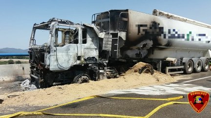Camión calcinado en la A-23 (Bomberos Diputación de Zaragoza).