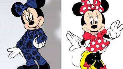 A la izquierda, el personaje Minnie Mouse con su nuevo diseño. A la derecha, con su tradicional falda roja con topos blancos.
