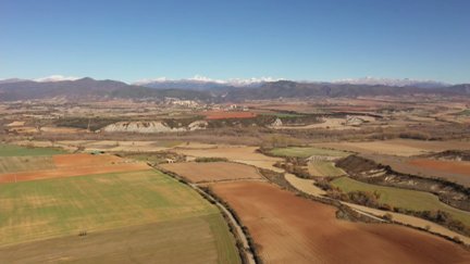 Vista aérea de varias parcelas separadas por caminos en la Canal de Berdún.