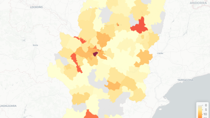 Mapa de casos de COVID-19 en Aragón.