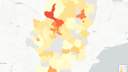 Mapa de casos de COVID-19 en Aragón.