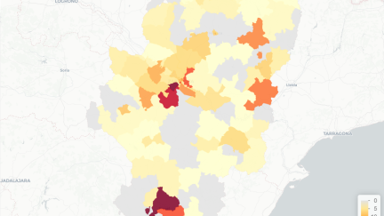 Mapa de casos de COVID-19 en Aragón.