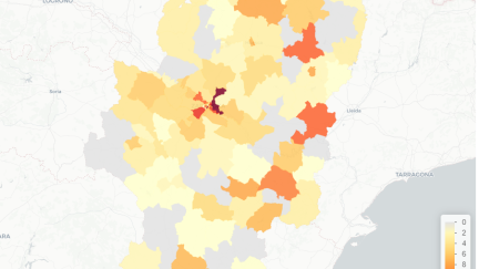 Mapa de casos de COVID-19 en Aragón.