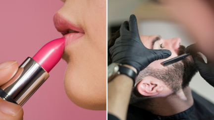 Una mujer se pinta los labios y un hombre se arregla la barba.
