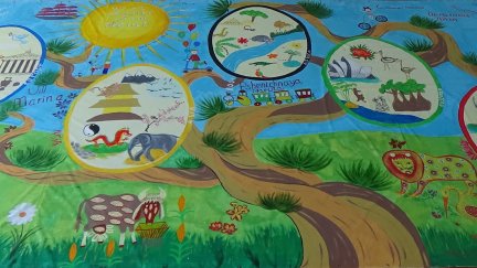 Niños ucranianos han dado forma a un mural que tiene el mismo tamaño que el Guernica./MUSEO DE ZARAGOZA