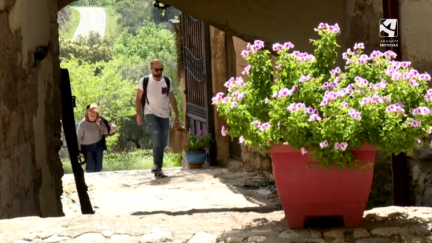 Varios turistas llegando al complejo de turismo rural de Bastarás.