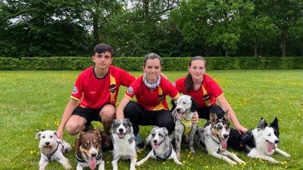 Óscar García, Pilar Collado y Sara Aldaz, del club Agility Indog, representantes aragoneses en el WAO de Ermelo, junto con sus perros.