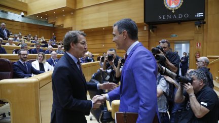 El presidente del gobierno Pedro Sánchez, y el líder del PP Alberto Nuñez Feijóo, durante la sesión de control este martes en la Cámara Alta. / Foto: EFE.