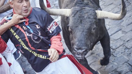 Un toro roza con los cuernos a un corredor durante el segundo encierro de las Fiestas de San Fermín 2022. / Eduardo Sanz-Europa Press