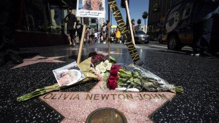 Flores en recuerdo de Olivia Newton-John en su estrella del paseo de la fama de Hollywood./ EFE.