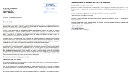 Carta remitida por el presidente de Aragón, Javier Lambán, al alcalde de Zaragoza, Jorge Azcón.