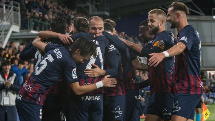 Los jugadores de la SD Huesca celebran un gol esta temporada.