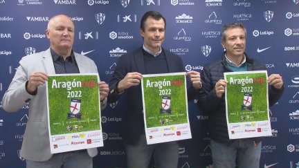 Cuco Lanau, Juanjo Camacho (ambos de la Fundación Alcoraz) y Pedro Hernández (CARTV) han presentado la Aragón Cup 2022.