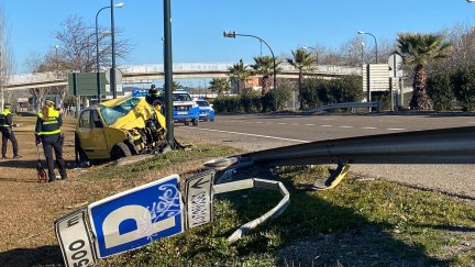 El vehículo se ha salido de la vía y ha chocado contra una farola en la Avenida Pirineos de Zaragoza. / Raquel Pérez
