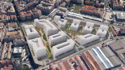 Infografía de las futuras viviendas que se construirán en Harineras. / Ayuntamiento de Huesca