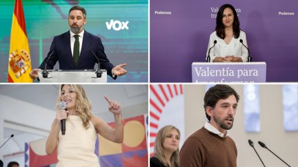 Santiago Abascal, Ione Belarra, Yonada Díaz, y Adrián Vázquez. / EFE y Europa Press.