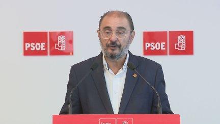 Javier Lambán, durante la rueda de prensa en la sede del PSOE Aragón.