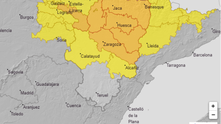 El nivel de aviso naranja afecta a toda la mitad norte de Aragón./ AEMET