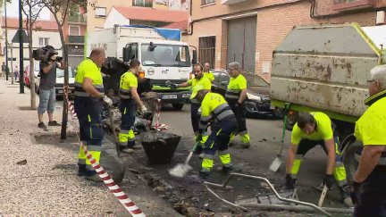 Empleados municipales trabajan en la limpieza y retirada de los contenedores quemados.