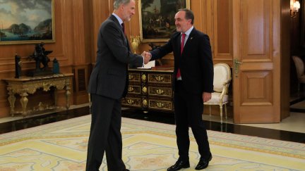 El rey Felipe VI junto al presidente de Unión del Pueblo Navarro, Javier Esparza, en la ronda de contactos. / EFE. Fernando Alvarado