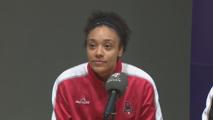 Helena Oma, durante la rueda de prensa en Hungría. Foto: Aragón Deporte