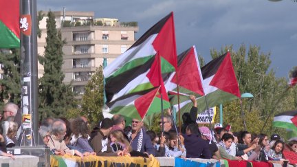 Manifestantes propalestinos en el puente de Santiago