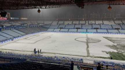 Imagen del césped de La Romareda minutos antes de la suspensión.
