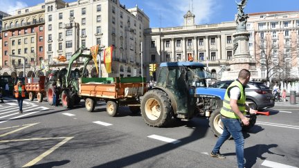 Varios tractores durante una nueva jornada de protestas de agricultores y ganaderos este sábado en Zaragoza.