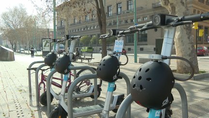 Los patinetes de la empresa Bird que ya están en servicio en Zaragoza.