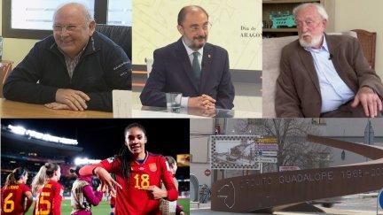 César Trillo, Javier Lambán, Vicente Ascaso, Salma Paralluelo y el monumento al Real Automóvil Club Circuito Guadalope.