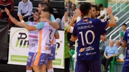 Los jugadores del Wanapix Sala 10 Zaragoza y Full Energía Zaragoza celebran un gol.