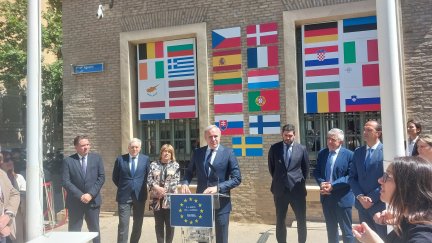El presidente del Gobierno de Aragón, Jorge Azcón, ha presidido el acto con motivo del Día de Europa. / Europa Press