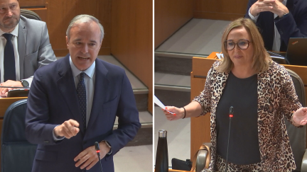 (Izq) Jorge Azcón, presidente de Aragón, y Mayte Pérez, portavoz del PSOE en las Cortes (dcha), este viernes.