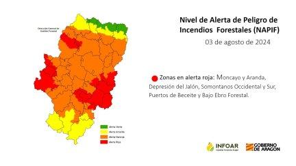 Alerta por peligro de incendios forestales en Aragón en: Moncayo y Aranda, Depresión del Jalón, Somontanos Occidental y Sur, Puertos de Beceite y Bajo Ebro Forestal. / Gobierno de Aragón