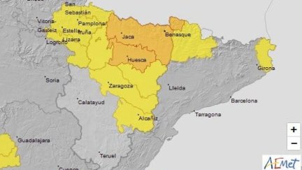 Niveles de aviso en Aragón y comunidades vecinas. / Aemet