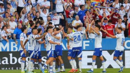 Celebración de un gol en el último partido en La Romareda ante el Elche