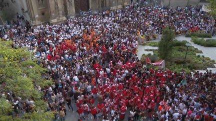 Pregón de la Unión Peñista esta sábado en la Plaza de Santa Engracia de Zaragoza. / Aragón TV