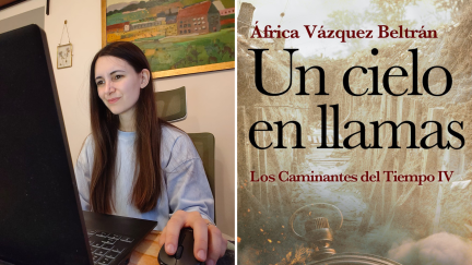 La escritora zaragozana África Vázquez y la portada de uno de sus libros colaborativos.