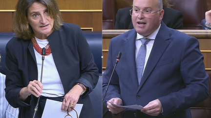 Teresa Ribera y el portavoz popular, Miguel Tellado, en el pleno del Congreso de este miércoles.