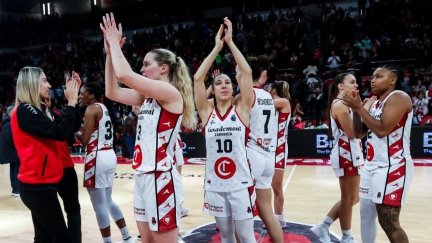 Las jugadoras del Casademont celebran el triunfo del pasado miércoles ante Villeneuve.