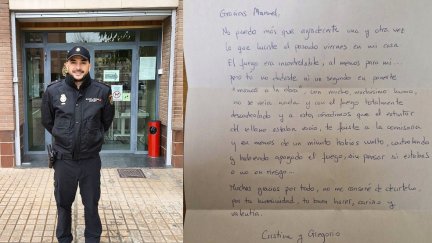 Carta dirigida a la policía, tras la intervención que salvó la vida a una mujer en el incendio. A la izquierda, uno de los agentes./ Policía Nacional
