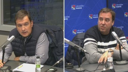 Ramón Solanilla y José María Alcubierre, secretarios generales de Asaja y UAGA Aragón respectivamente en los estudios de Aragón Radio este martes. / Aragón TV