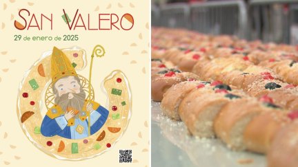 Cartel anunciador de San Valero 2025 en Zaragoza y reparto de roscón gigante en la plaza del Pilar. / Ayuntamiento de Zaragoza. Aragón TV
