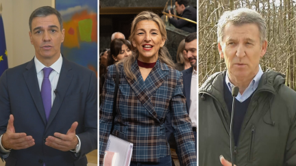 El presidente del Gobierno, Pedro Sánchez (izq), la líder de Sumar, Yolanda Díaz (centro), y el presidente del PP, Alberto Núñez Feijóo , dcha). / AN