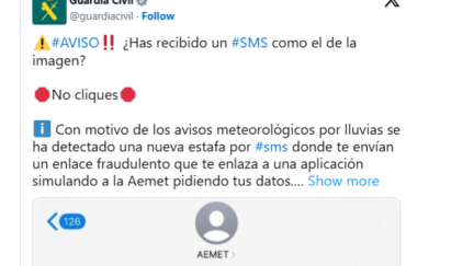 La Guardia Civil ha detectado una nueva estafa a través de sms con avisos por lluvias. / X Guardia Civil
