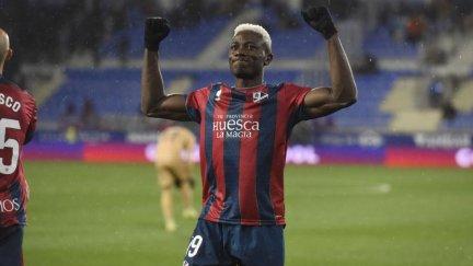 Patrick Soko, que vuelve a la convocatoria, celebra su gol ante el Eibar en la primera vuelta.