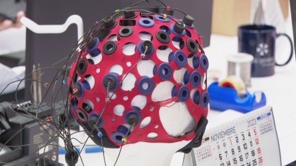 Casco con sensores utilizado en estudios de neurotecnología de la empresa Bitbrain. / Aragón TV